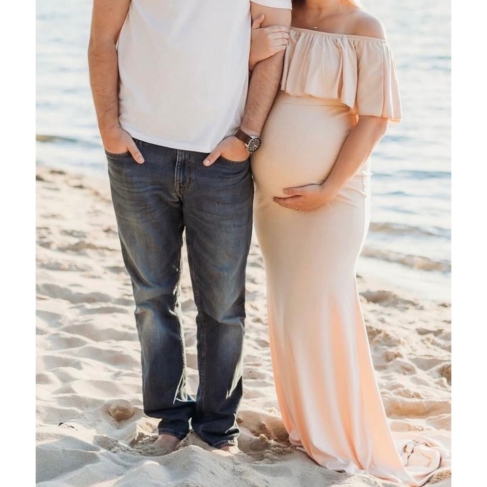 Maternity Off Shoulder Ruffle Maxi Gown Beige Jersey Knit Photo Shoot Dress M